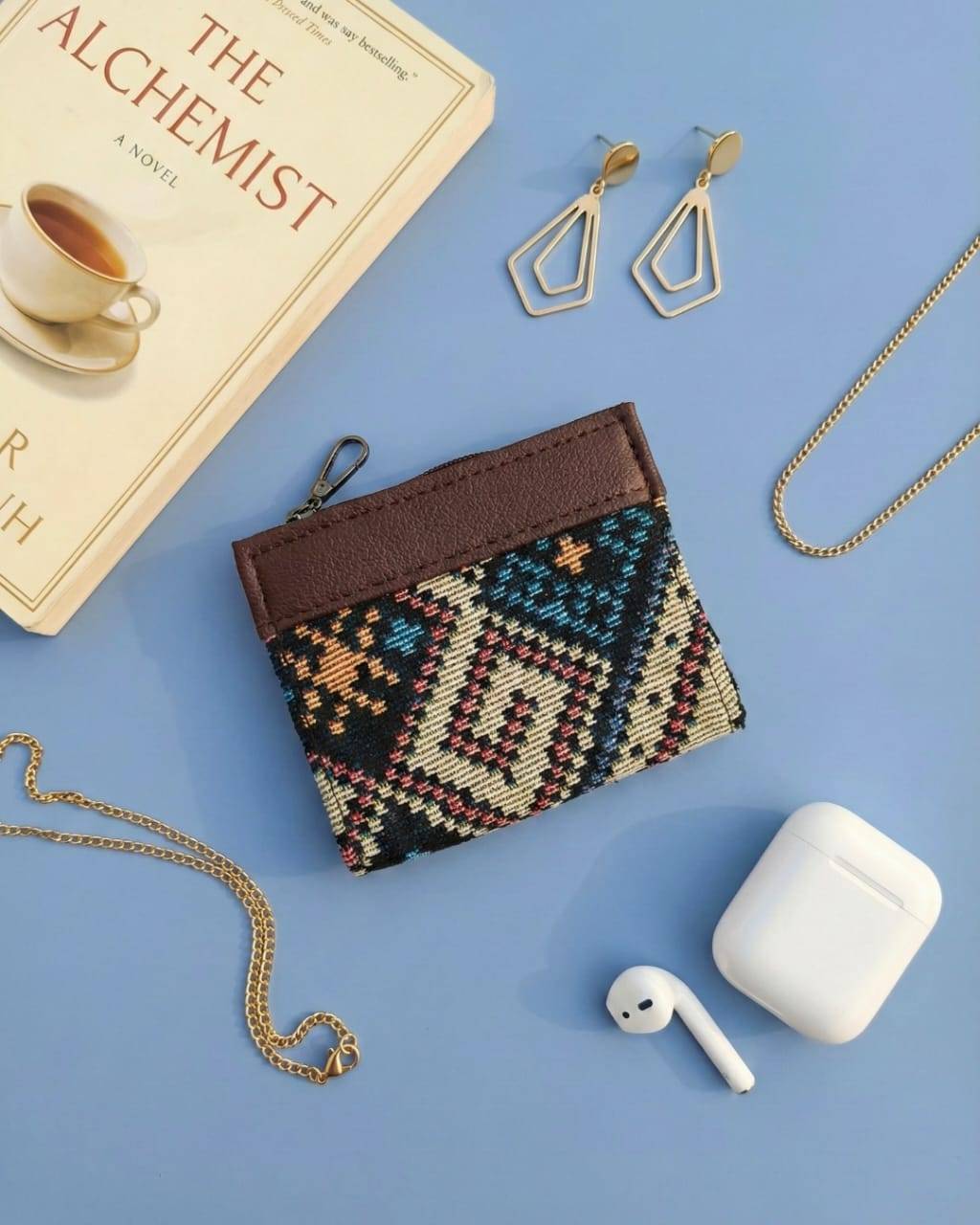 Beige Blue Thread Work Jacquard Unisex Wallet